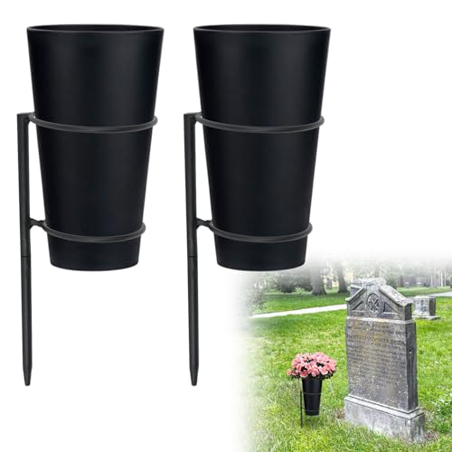 2 Pack Metal Cemetery Vases, Memorial Grave Vases with Stakes, Flowers Holder for Cemetery Grave, Headstone Vase with Ground Spikes Plastic Pot for Fresh or Artificial Flowers, for Lawn Yard Funeral