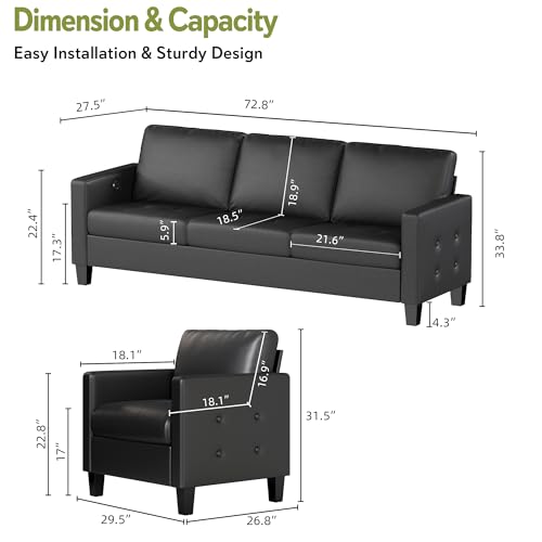 STHOUYN Black Faux Leather 3 Seater Sofa and Accent Chair Set of 2, Modern Comfy Office Furniture Set, Small Love Seat Couch with Tufted Armrest and USB, 3 Pieces Living Room Furniture Sets (3+1+1) - Thumbnail 2