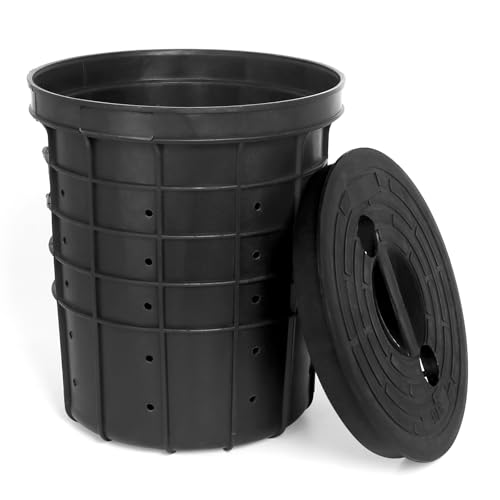 Lavabo de bomba de sumidero con tapa para 10 galones de 15 pulgadas de alto, cubo perforado resistente con 40 agujeros perforados para drenaje en espacios de arrastre, patios, patios y entradas