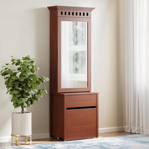 Image of Wakefit Dressing Mirror | 3 Years Warranty | Wardrobe with Storage and Mirror (Devore, Solid Wood - Golden Brown)