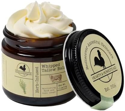 Hearth and Homestead: Handmade Whipped Tallow Balm (Unscented/Herb-Infused) - Organic Body Butter with Infused Olive Oil, for Eczema, Rosacea, Baby - 1.3 oz