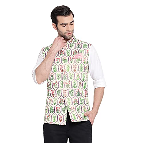 Image of VASTRAMAY Mens Silk Blend Nehru Jacket - Timeless Style & Versatility | Digital Floral Printed Ethnic Sleeveless Coat for Formal & Casual Wear