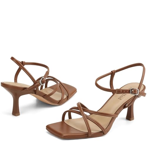 Image of AIUNIIND Kitten Heels for Women, Strappy Square Open Toe Sandals 2.5 inch