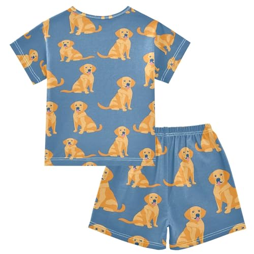 ALAZA Yellow Dog Puppy Blue Pajamas Set Short Sleeve Cotton Sleepwear Summer Pjs 2 Piece 5-14Y2