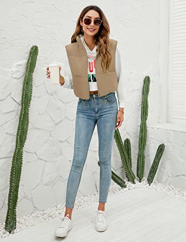 Akewei Warm Puffer Vest For Women Cute Cropped Cotton Vests Sleeveless Bomber Jackets Winter Down Jacket Outwear (Khaki,M) #TOP4
