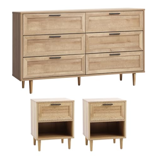OIKITURE Bedroom Furniture Set of 3, Chest of 6 Drawers Dresser and 2 Bedside Tables with 1 Drawer & Open Shelf, Storage Cabinet with Wood Legs for Bedroom Living Room Hallway, Natural