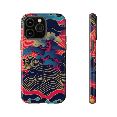Coque rigide brillante iPhone 14 Pro Max antichoc paysage japonais bleu