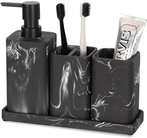 ZCCZ Set di accessori per il bagno in stile marmo nero - Dispenser sapone, portaspazzolino, vassoio,...
