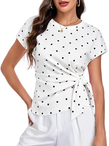 Image of HOTIAN Womens Cap Sleeve T Shirts 2026 Tie Waist Wrap Tops Crew Neck Blouses Dressy Casual Loose Work Business Dressy