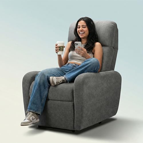 Image of EVA Manual Recliner Chair with Adjustable Headrest | Grey Boucle Fabric Upholstery | Ergonomic Single Seater Recliner for Living Room & Home Theater | 18 Months Warranty