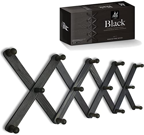 Image of Mercurial Trade Expandable Wooden Coat Rack Hanger – Accordion Wall Mounted Pine Wood Hooks – Hand Made Vintage Expending Pegs – Hang Coat, Jacket, Hat, Leash, Towel, Scarf, Mug, Bag – Black