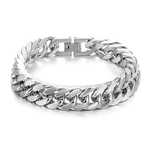 RWQIAN Bransoletka męska, srebrna/złoty/czarna, stal nierdzewna, łańcuszek pancerka, 8 mm/12 mm/17 mm szerokości, męska, kubańska bransoletka, długość 18/20/22 cm, prezent dla taty, syna, brata, męża