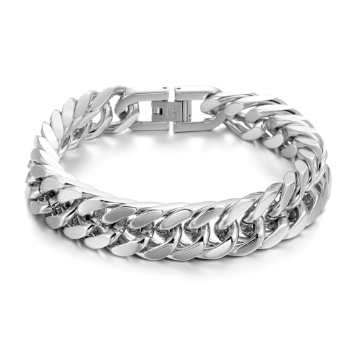 RWQIAN Pulsera Hombre Plata Acero Inoxidable Tanques Pulseras Cadena 12mm Hombres Cubanas Pulsera 18cm Hip hop Regalos Para Papá Hijo Hermano Marido