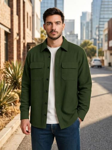 Image of DEELMO Men's Cotton Polyester Corduroy Shirt with Textured Pattern Spread Collar Full Sleeves Dual Pocket Front and Button Down Closure | Textured Shirts for Men | Shirts for Men Stylish