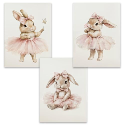 BeiYiHo 3 Tableau Lapin Chambre Fille Affiche Lapin Chambre Bebe 30x40cm Poster Chambre Ado Fille Boho Deco Chambre Enfant Bebe Rose Poudré Cadeau Toile SANS...