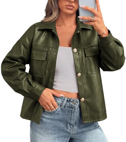 PRETTYGADEN Women's Button Down Faux Leather Jacket,Army Green,X-Large