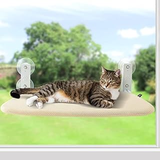 Cat Window Bed Hammock Perch with Upgraded Suction Cups Cat Windowsill Seat Foldable 52x30cm for Large Cats Perches Holding Up to 25kg Easy to put together (Double sided mesh - beige)