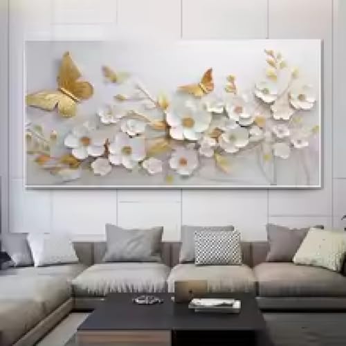 Impression sur toile fleurs et papillons dorés déco salon 55x110
