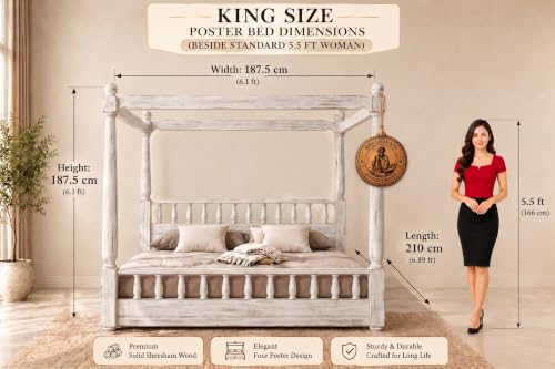 Image of Sheesham Solid Wood Allure Poster Bed for Bedroom | Handmade Wooden Cot | Elegant Four Poster King Size Bed Frame (Rustic White, King, Allure with Storage)