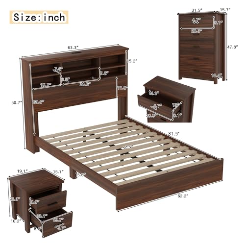 Image of Merax 4-Pcs Queen Size Bed Frame & Dresser & 2 Night Stand Bedroom Set