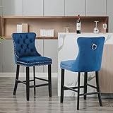 Counter Height Bar Stools Set of 2, Velvet Upholstered Dining Chairs with Nailhead Trim, Wooden...