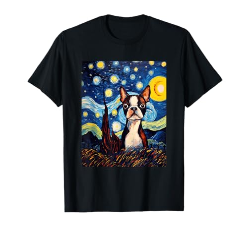 Boston Terrier Starry Night Van Gogh Art T-Shirt