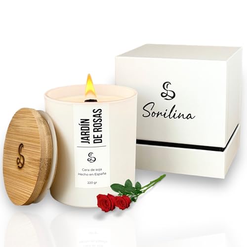 SORILINA Vela de Rosas Vela Aromática Grande con Caja Regalo y Mecha de Madera Cera de Soja Aroma Intenso Hecho a Mano en España 220gr 55h Larga duración (Jardín de Rosas)