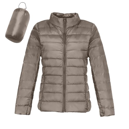Chaqueta De Plumas para Mujer Manga Larga Color Liso Sin Capucha - Parka Mujer Invierno Cremallera Incluye Bolsa De Almacenamiento Moda Suave Cazadoras Running Plumiferos Caqui M