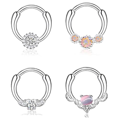 KSJEHW 4 Piezas Piercing Nariz Acero Quirurgico Septum Piercing Oreja Cartílago Pendientes de Aro Mujeres CZ Opalo Piercing Nariz Aro Plata Labio Concha Daith Helix Tragus Piercing Joyería（Acero）