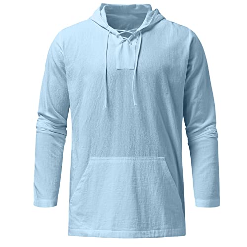 SEGANUP Mens Casual Cotton Linen Pullover Hoodie Baggy Long Sleeve Beach Lace Up Hippie Tops with Hat2