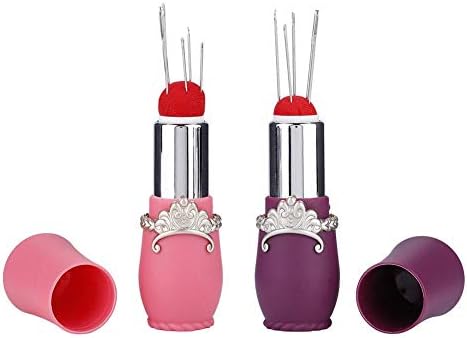 5Pcs Hilitand D&D Fashion Lipstick Shaped Sewing Needles Purple Needles Pin Cushion Lipstick Style Pincushions Sewing Pin Holder Lipstick Pin Cushion