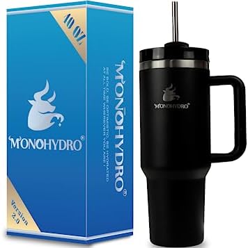 MONOHYDRO 40 oz Tumbler with Handle and Straw - tumbler with straw Stainless Steel Insulated Cup - stainless steel straw, Eco-friendly Materials - conserve temperature to 24h & beyond -Midnight Black