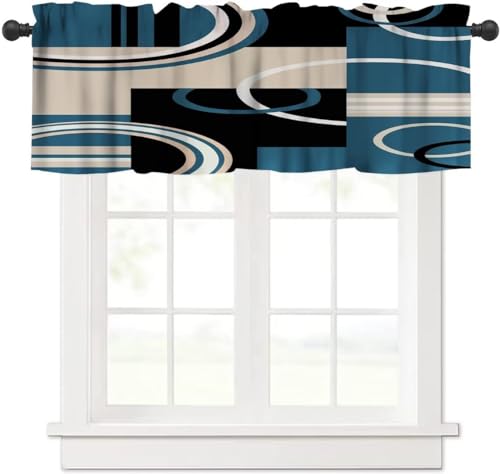 Image of Black Blue Geometric Window Valance Curtain, Mordern Turquoise Abstract Stripe Retro Circle Swirls Window Treatment Valances for Home Kitchen Cafe Decor 54'x18', 1 Panel