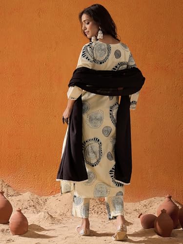Image of INDO ERA Women's Printed Pure Cotton Calf Length Straight Kurta Pant With Dupatta Set (Kh0Cr6165)