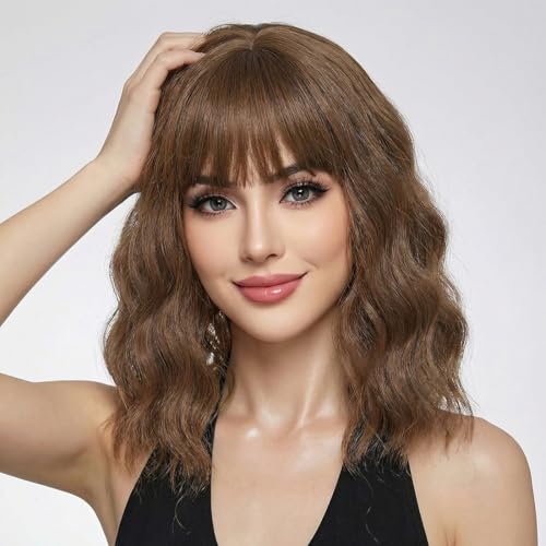 Image of Pastel Brown Wavy Bob Wig for Women, Short Shoulder Length Synthetic Wig with Bangs, Natural Looking Lightweight Hairpiece for Daily Wear & Cosplay Costume Party