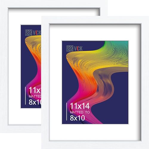 Image of VCK 11x14 Picture Frame 2 Pack, White Wood, 8x10 Mat, Glass, for Photo