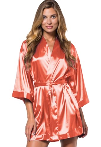 Image of Turquaz Women's Bride Bridesmaids Robe - Satin Kimono Robes for Wedding & Bridal Party Silk Like Lightweight Robes for Women, Coral, Small