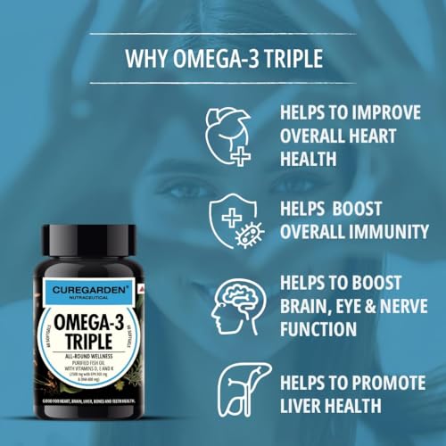 Image of Curegarden Omega-3 Fish Oil Capsules 2500mg - Triple Strength with 900mg EPA, 600mg DHA - Vitamin D, E & K - Heart, Brain Health - Boost Immunity, Metabolism & Bone Health - 60 Softgels (Pack of 2)