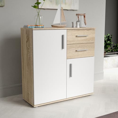 Forte IKOLI Kommode 80, Moderne Kommode, 2-türig, 2 Schubladen, Wohn-/Schlafzimmer, Flur, Holzwerkstoff, Weiß mit Sonoma Eiche Holzdekor, 79,9 cm breit x 81,7 cm hoch x 31,4 cm tief Forte IKOLI Kommode 80, Moderne Kommode, 2-türig, 2 Schubladen, Wohn-/Schlafzimmer, Flur, Holzwerkstoff, Weiß mit Sonoma Eiche Holzdekor, 79,9 cm breit x 81,7 cm hoch x 31,4 cm tief