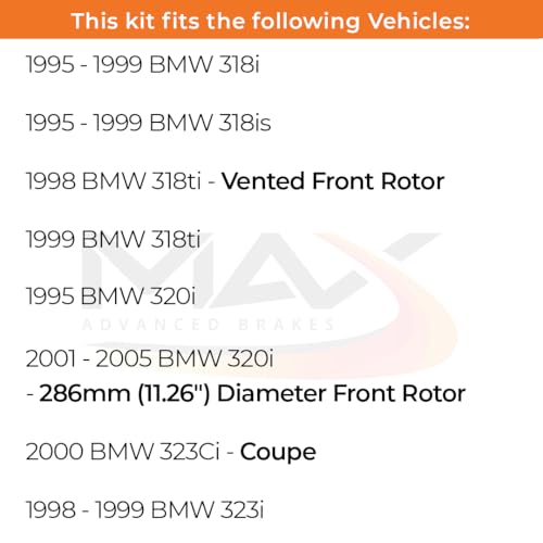 Image of Max Advanced Brakes Front Brake Kit Compatible With 1995-1999 BMW 318i 318is 318ti 320i 323Ci 323i 323is 325i 328i Replacement Geomet Coated OE Disc Brake Rotors and Ceramic Brake Pads