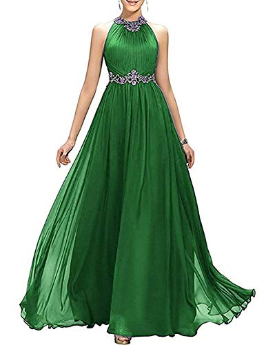 homdor High Neck Chiffon Bridesmaid Dresses Long A line Beaded Prom Evening Dress Pleated Green