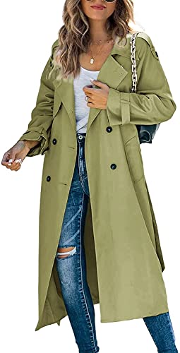 Women Casual Long Trench Windproof Coat with Belt Solid Colour Double-Breasted Lapel Collar Windbreaker Jacket Spring Autumn Coat S-2XL (Army Green, M)