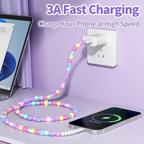 Image of VOFUOE USB to USB C Cable for iPhone 17 Charging Cord Type C Fast Charging Stars Bead Chain Charging Cable for Women 3.3FT for iPhone 16 /15, Galaxy S24 /S25 Ultra, for iPad 11th /10th -Candy Color