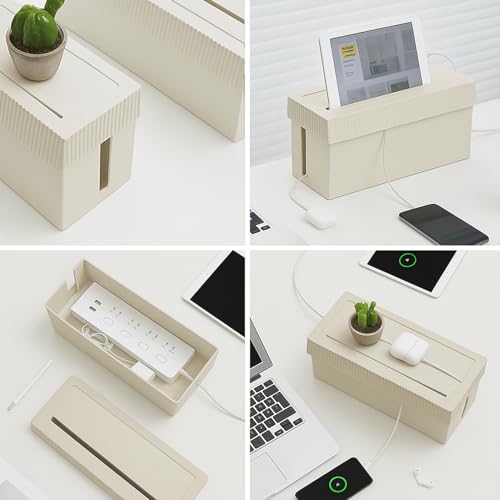 Image of Soko Cable Management Box with Mobile Stand | Cords Hider & Surge Protector | Concealer for Power Strips, Router, Gadget Wires Storage Organizer Tray for Desk, Table - Home, Office - Off-White
