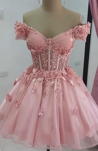 3D Flowers Homecoming Dresses Sparkly Tulle V-Neck Off Shoulder Ball Gown DAMA Short Prom Dress for Quinceanera3