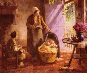 Peinture à l'huile Feeding The Baby d'Evert Pieters, l'émotion de la maternité en art