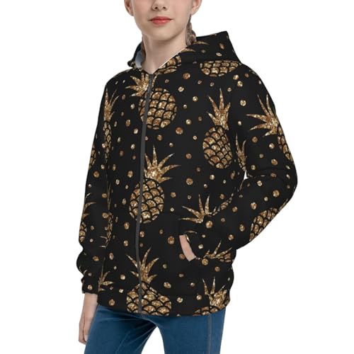 Gold Glitter Pineapples Kid Hoodies Boys Zip Up Sweatshirts Girls Pullover with Pocket