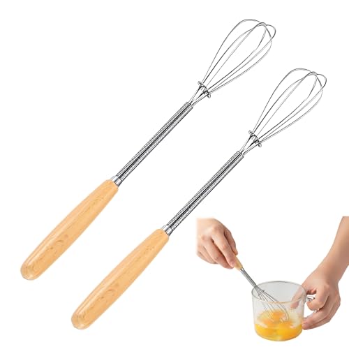 NOPVUFA Lot de 2 Petits Fouets Cuisine en Acier Inoxydable avec Poignée en Bois, Mini Fouet Cuisine pour Mélanger Les Œufs, Fouet Robuste, Batteur Manuel...