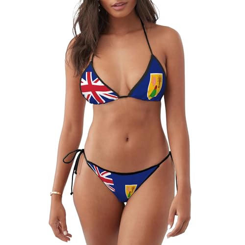 Flag of The Turks and Caicos Islands Bikini Set for Women Two Piece Halter Triangle Tie Side Swimsuit Bathing Suit Black