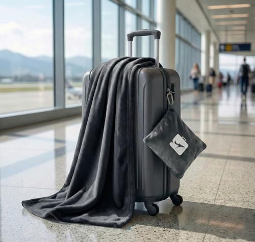 Image of VAS COLLECTIONS Travel Pillow Blanket 2-in-1, Ultra Soft Flannel Blanket with Carry Case, 65x40 Inches, Compact Portable for Flights, Camping and Travel Comfort (Black Grey)